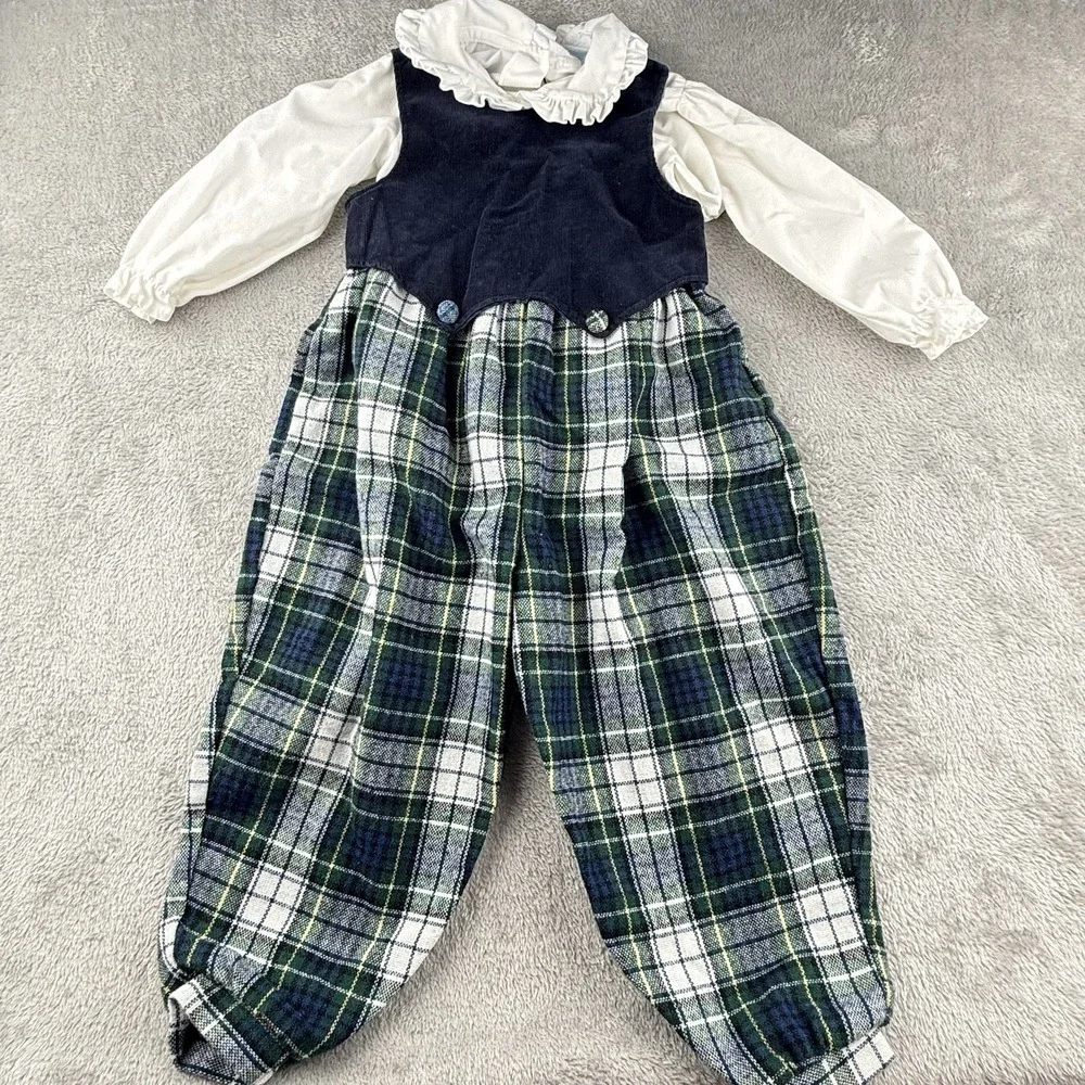 Muffling Holiday Plaid Romper 2T Blue Green Toddler USA Made Ruffles 80s Vintage